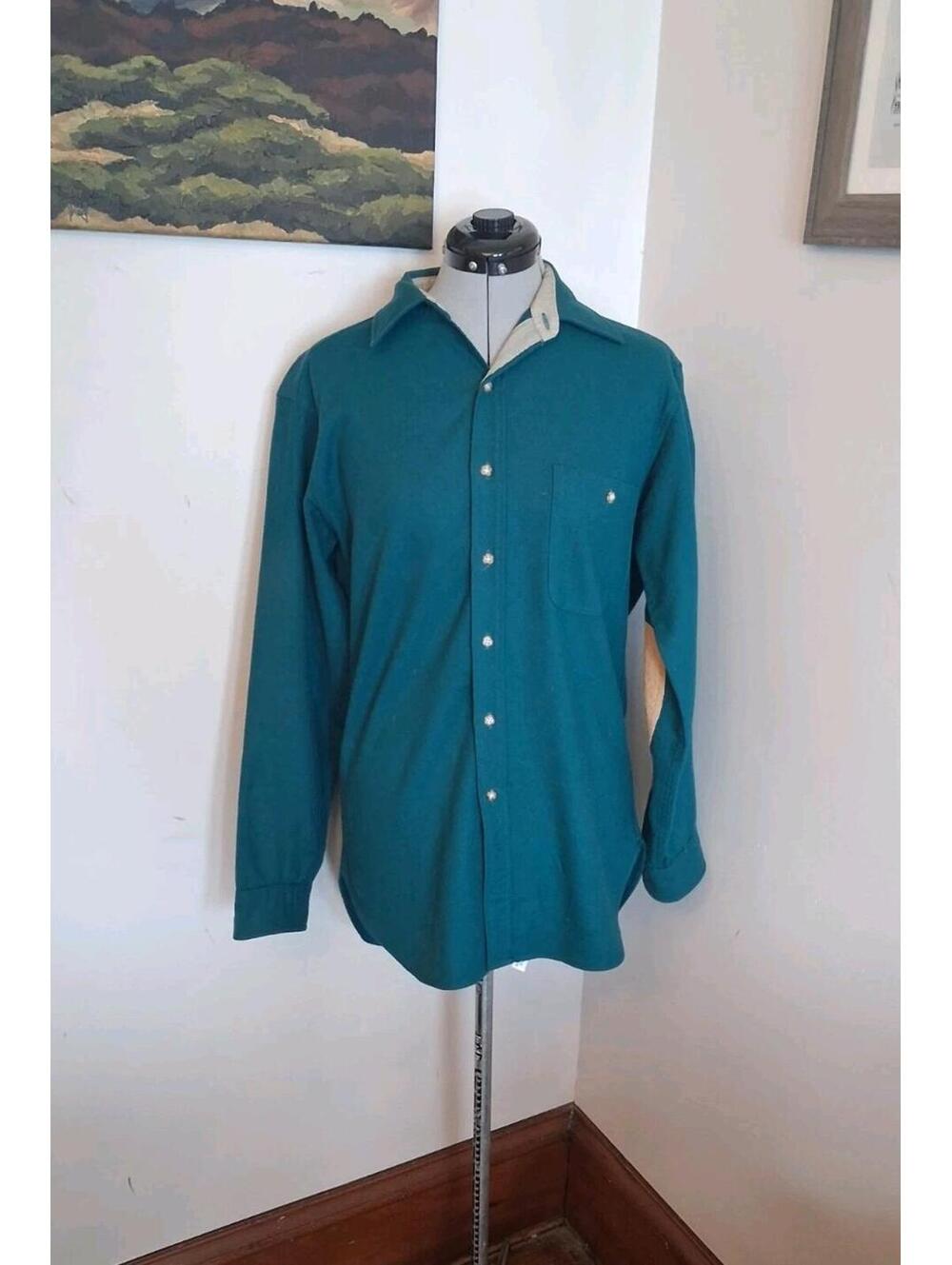 Pendleton Shirt, Solid Green Wool Shirt Sz M elbow Patches Men's Wool Button Up